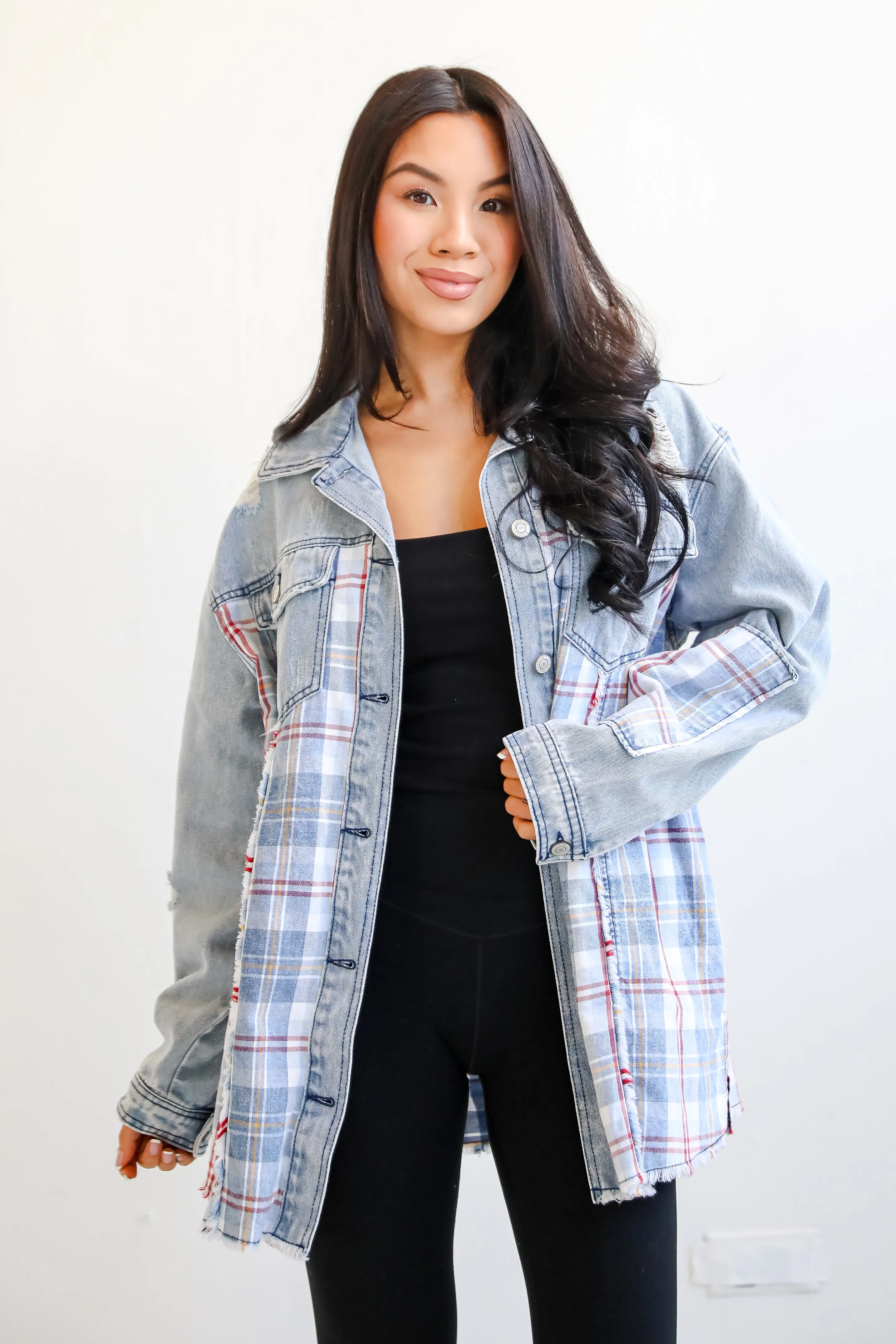 FINAL SALE - Trendy Personality Plaid Denim Shacket