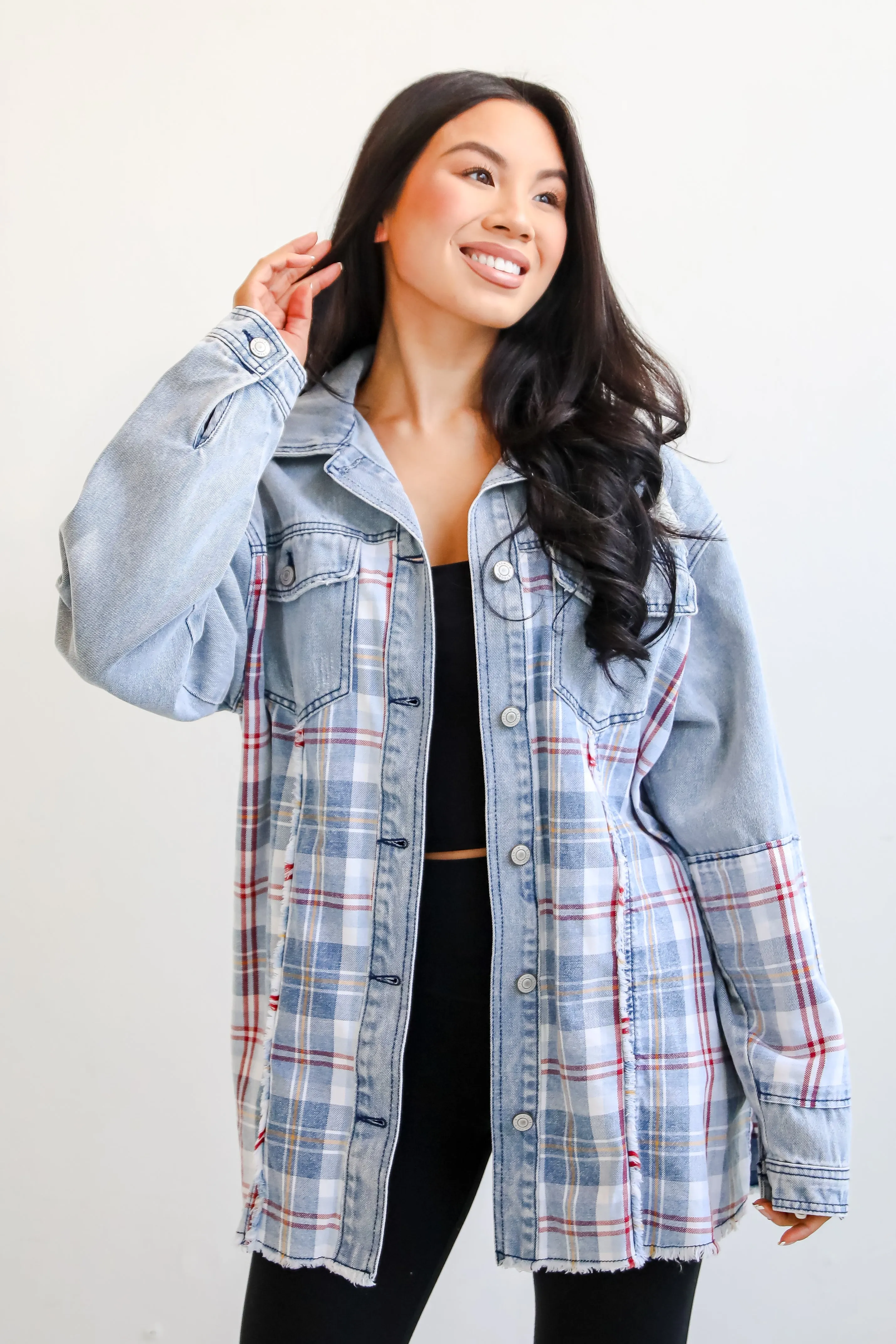 FINAL SALE - Trendy Personality Plaid Denim Shacket