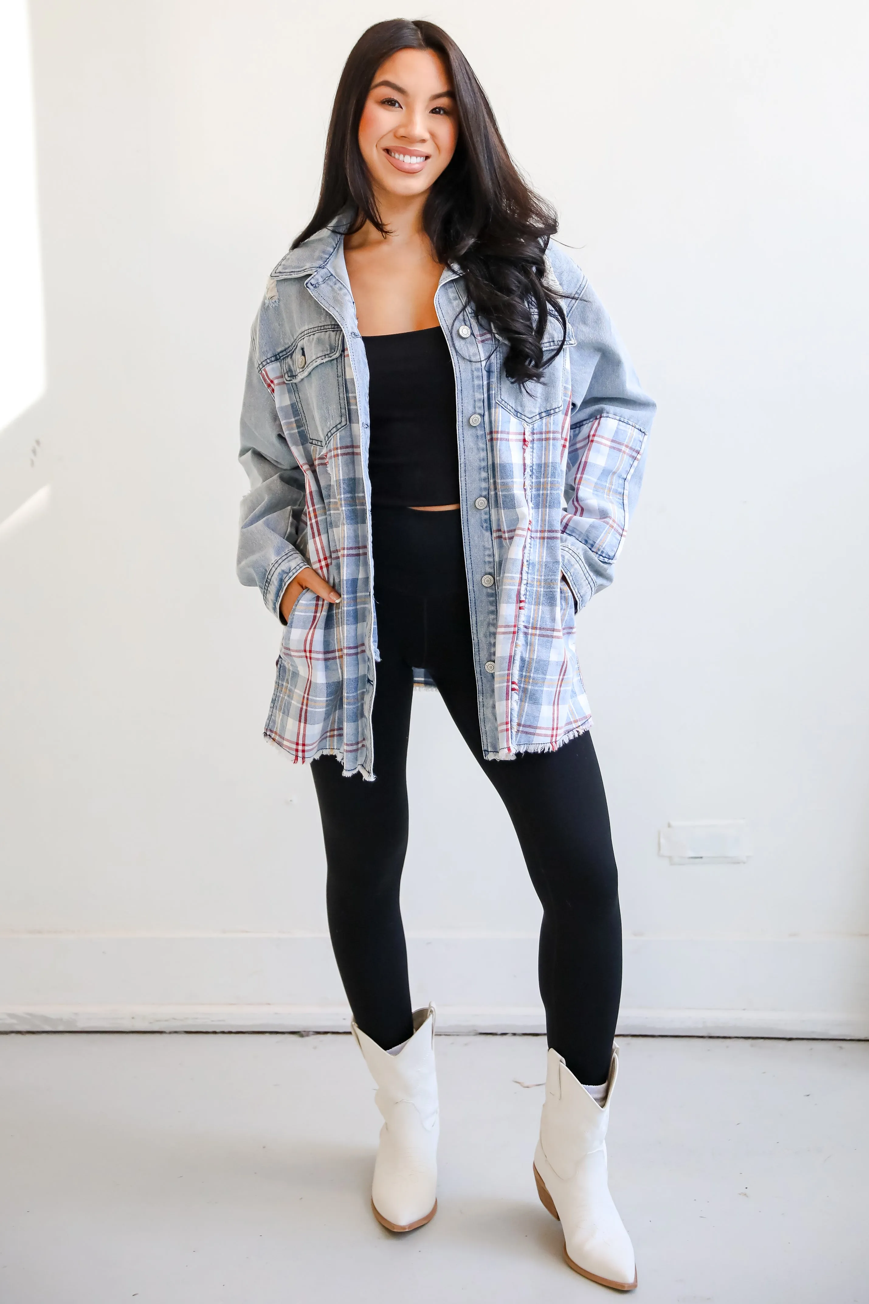 FINAL SALE - Trendy Personality Plaid Denim Shacket