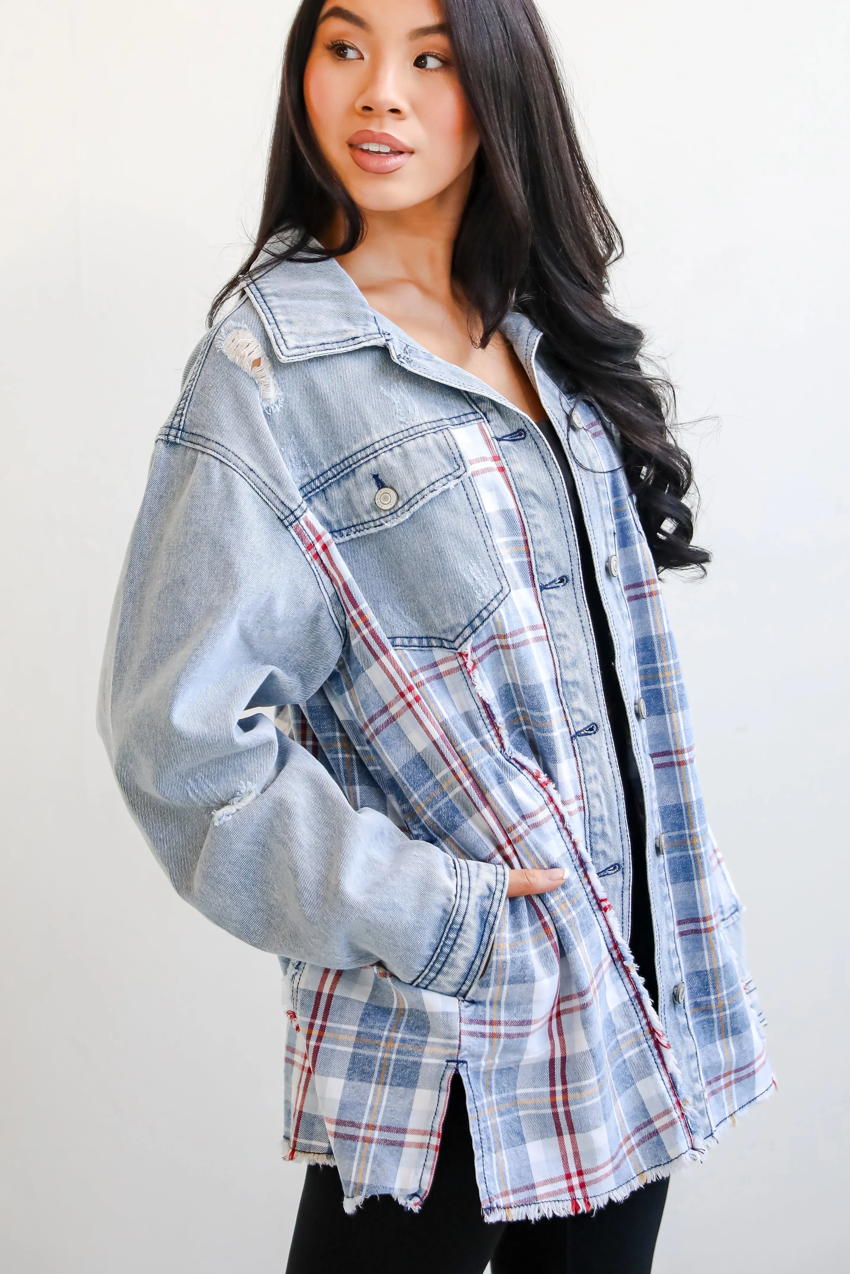 FINAL SALE - Trendy Personality Plaid Denim Shacket