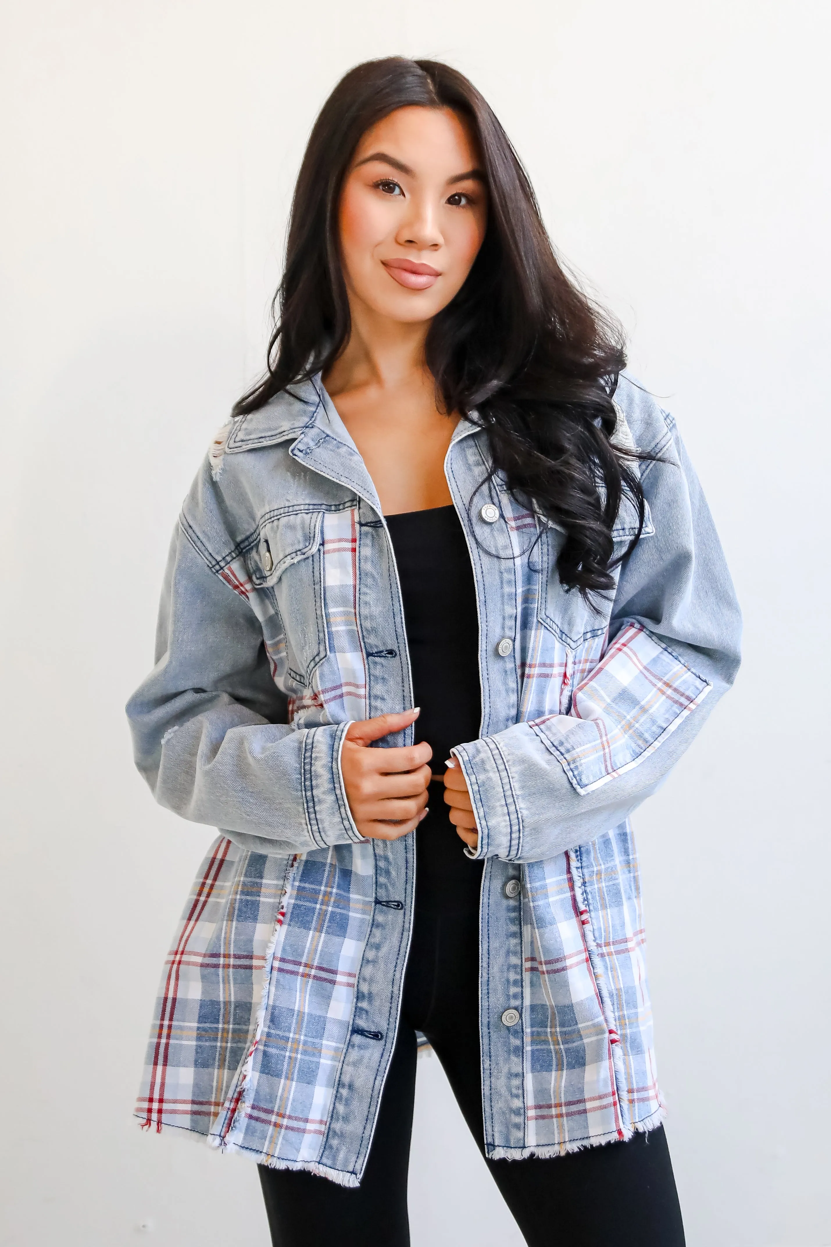 FINAL SALE - Trendy Personality Plaid Denim Shacket