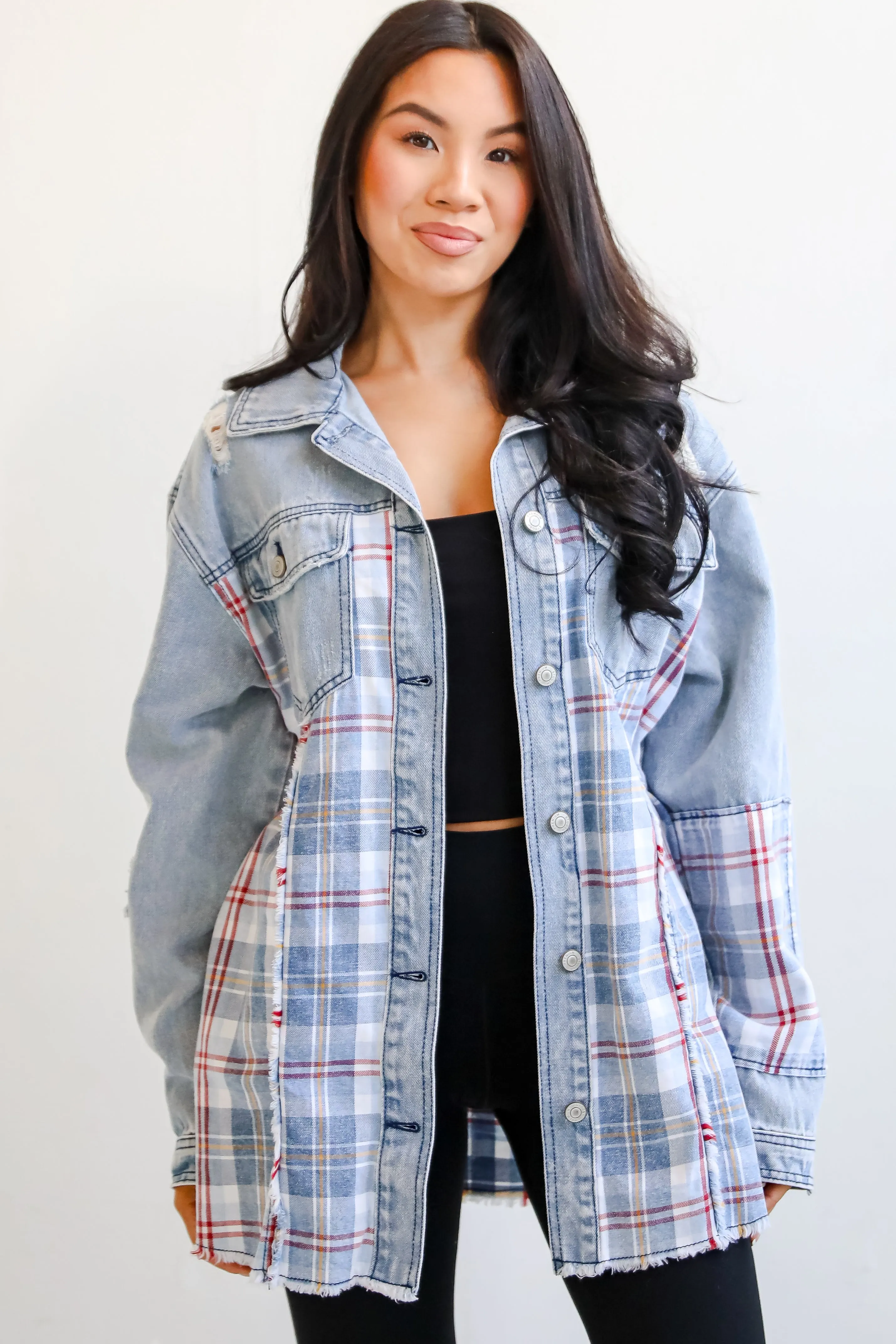 FINAL SALE - Trendy Personality Plaid Denim Shacket