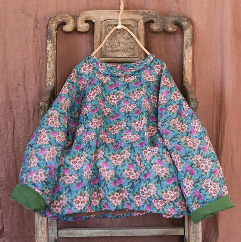 Women Retro Loose Print Linen Quilted Pull-Over Coat