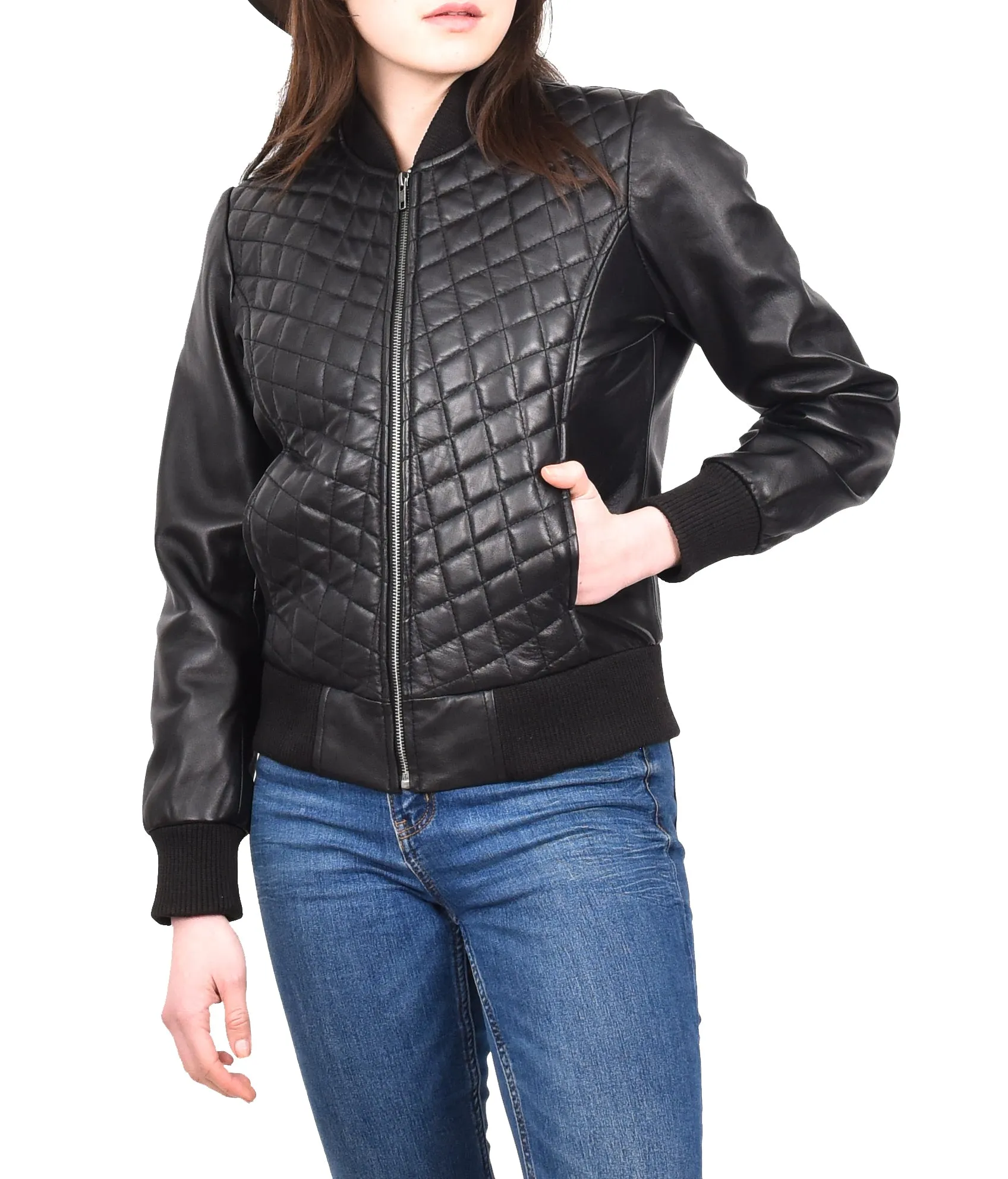 Women's Quilted Retro 70s 80s Bomber Jacket Black Astral