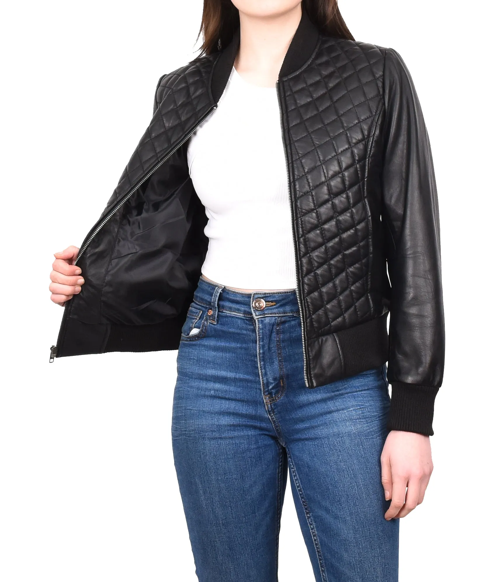 Women's Quilted Retro 70s 80s Bomber Jacket Black Astral